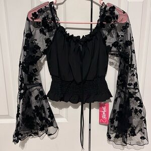ROMWE NWT Black Mesh Long Sleeve Floral Shirt with Tie - Medium